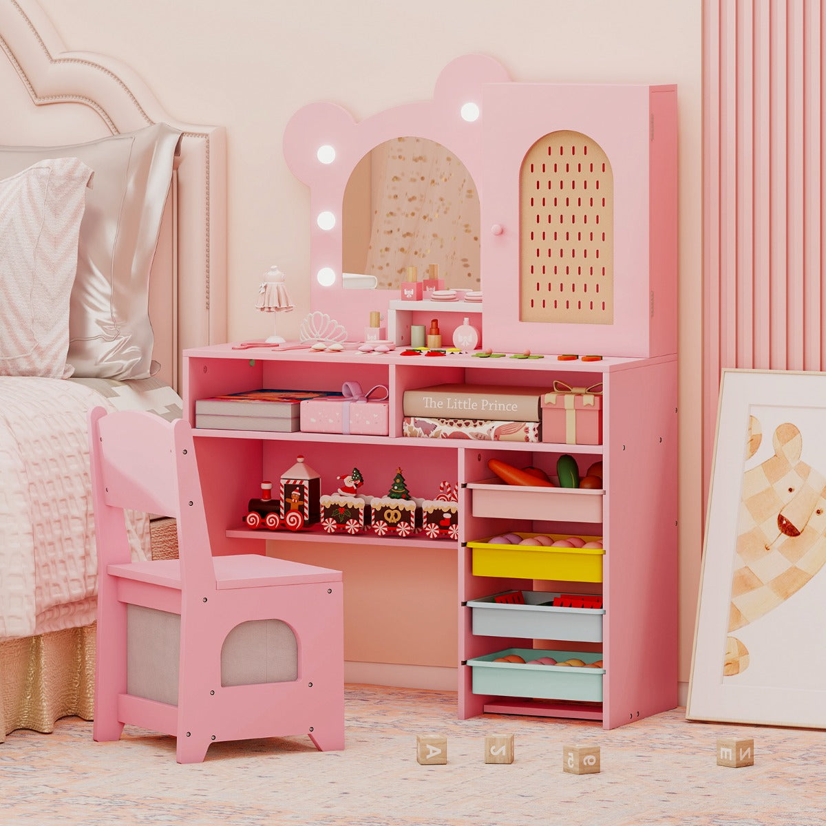 Set tavolo e sedia da principessa con 5 cassetti e 2 scomparti, Tavolo da trucco per bambini con luci Rosa-Toelette per bimbi