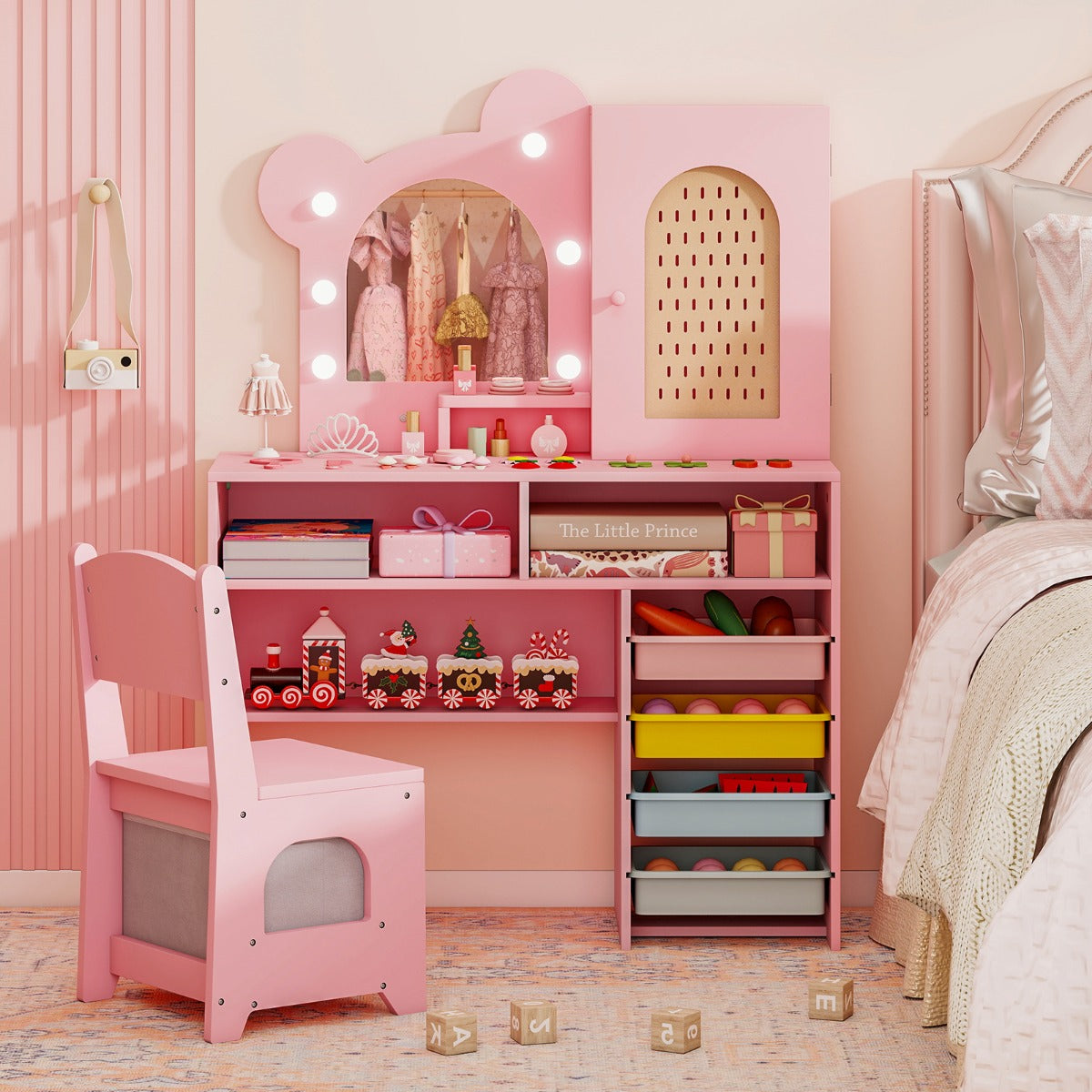 Set tavolo e sedia da principessa con 5 cassetti e 2 scomparti, Tavolo da trucco per bambini con luci Rosa-Toelette per bimbi