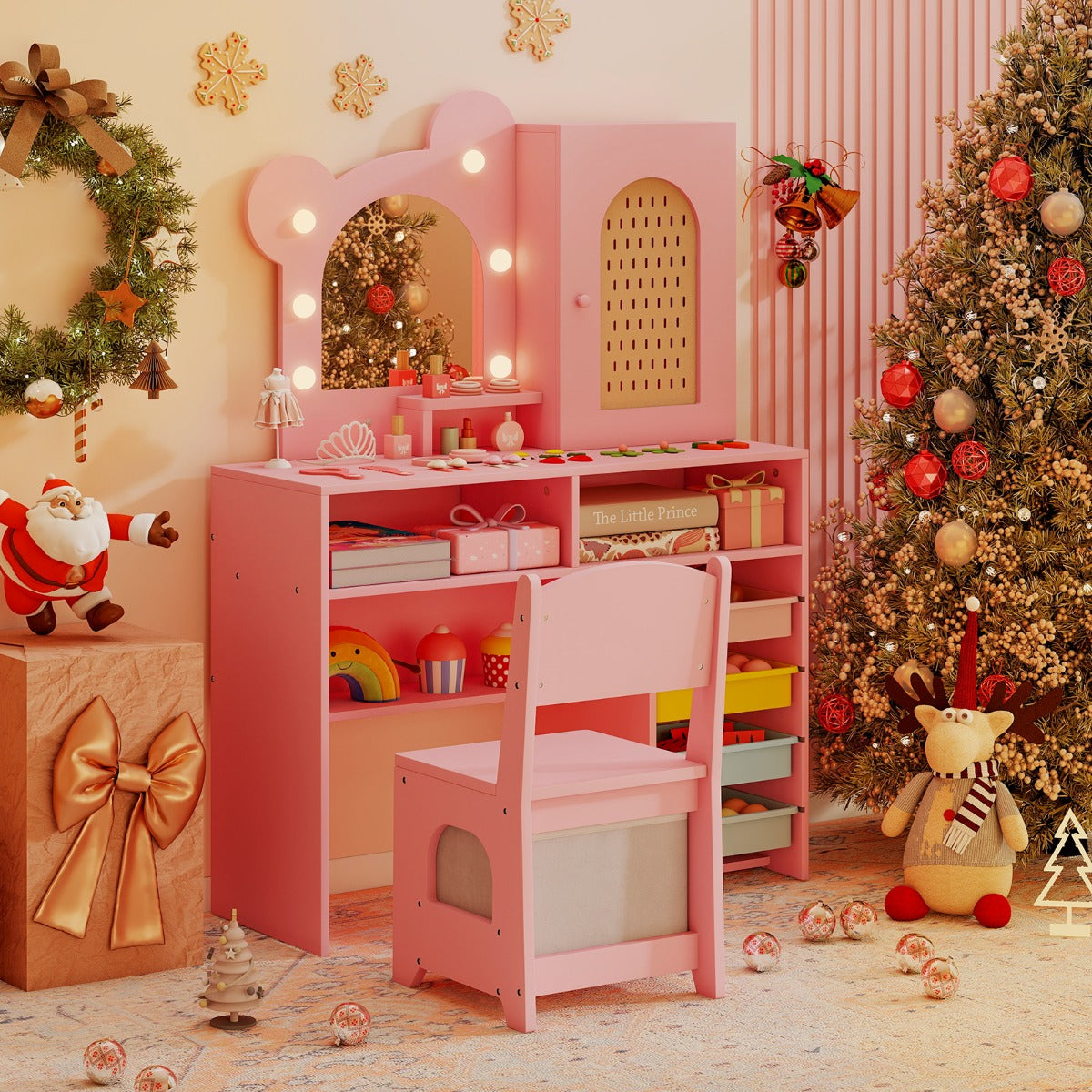 Set tavolo e sedia da principessa con 5 cassetti e 2 scomparti, Tavolo da trucco per bambini con luci Rosa-Toelette per bimbi