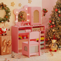 Set tavolo e sedia da principessa con 5 cassetti e 2 scomparti, Tavolo da trucco per bambini con luci Rosa-Toelette per bimbi
