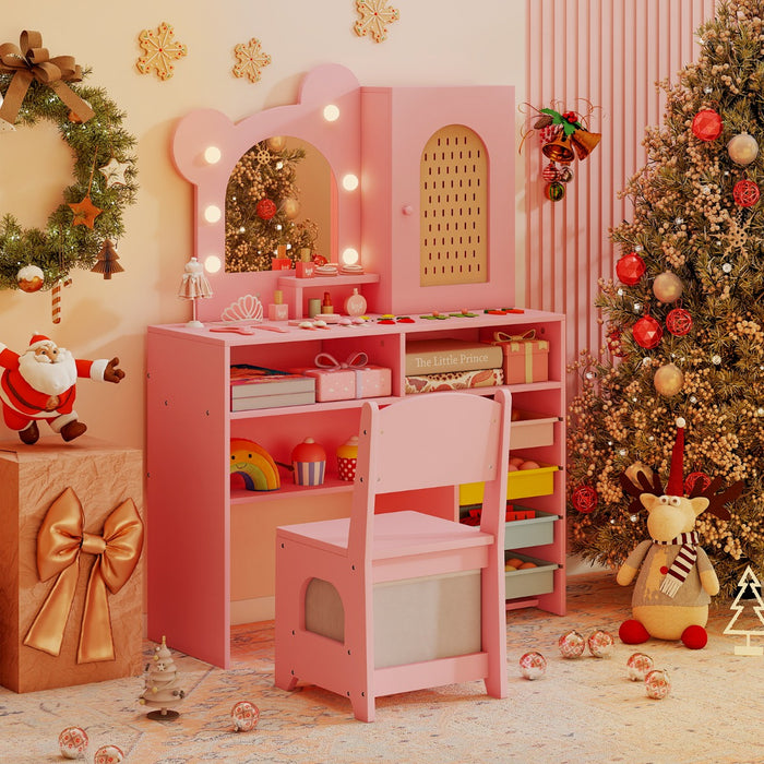 Set tavolo e sedia da principessa con 5 cassetti e 2 scomparti, Tavolo da trucco per bambini con luci Rosa-Toelette per bimbi