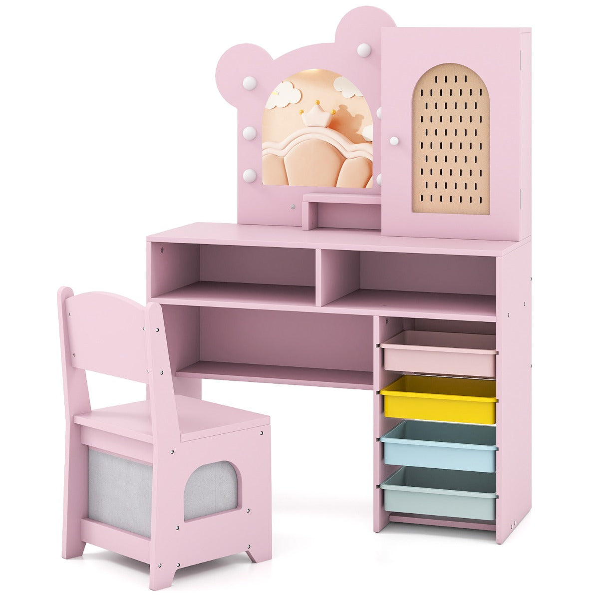 Set tavolo e sedia da principessa con 5 cassetti e 2 scomparti, Tavolo da trucco per bambini con luci Rosa-Toelette per bimbi