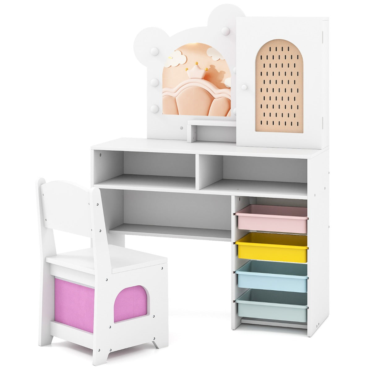 Set tavolo e sedia da principessa con 5 cassetti e 2 scomparti, Tavolo da trucco per bambini con luci Bianco-Toelette per bimbi