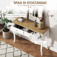 Tavolo Consolle Moderno con 2 Cassetti in Legno, 100x35x76.5 cm, Bianco e Marrone Scuro