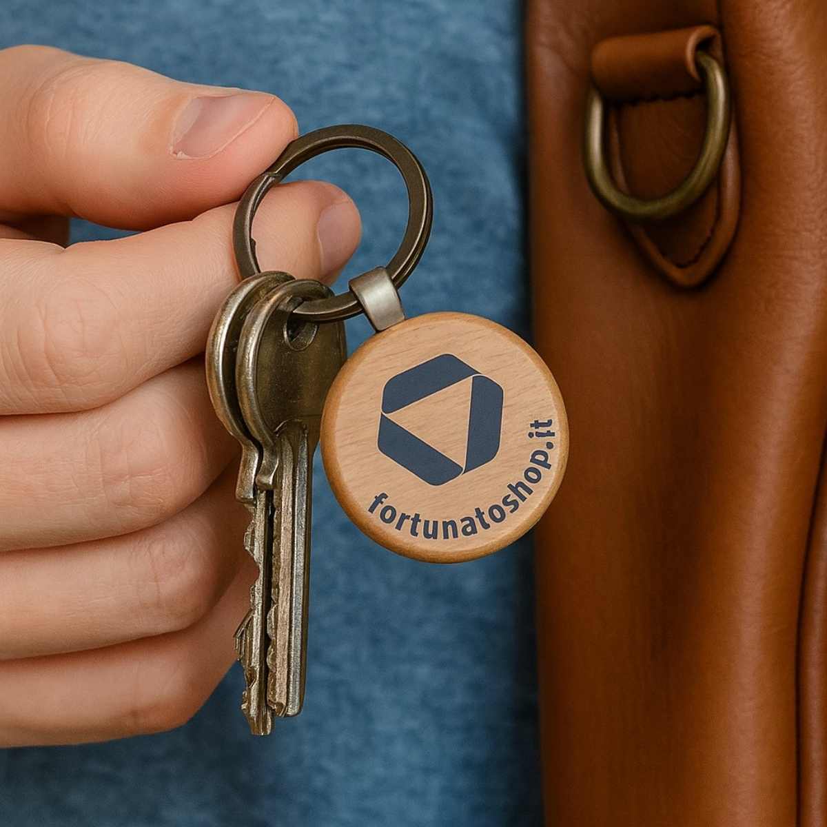 Portachiavi rotondo personalizzato in legno con logo geometrico blu scuro