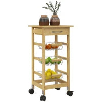 Carrello Cucina con Ruote, Cassetto e 3 Cestini a Rete Metallica, 37x37x76cm, Colore Legno