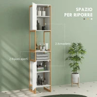 Colonna Bagno Salvaspazio in Bambù con Ripiani Aperti e 2 Armadietti con Apertura a Pressione, Bianco