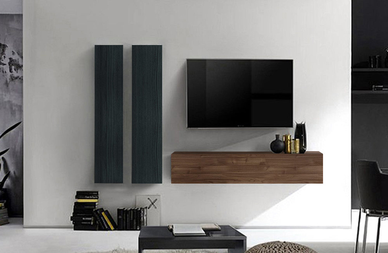 Soggiorno Zenzero, parete attrezzata moderna in Noce dark e Nero bruciat,  ,ZLCAINFCB3-BIBET