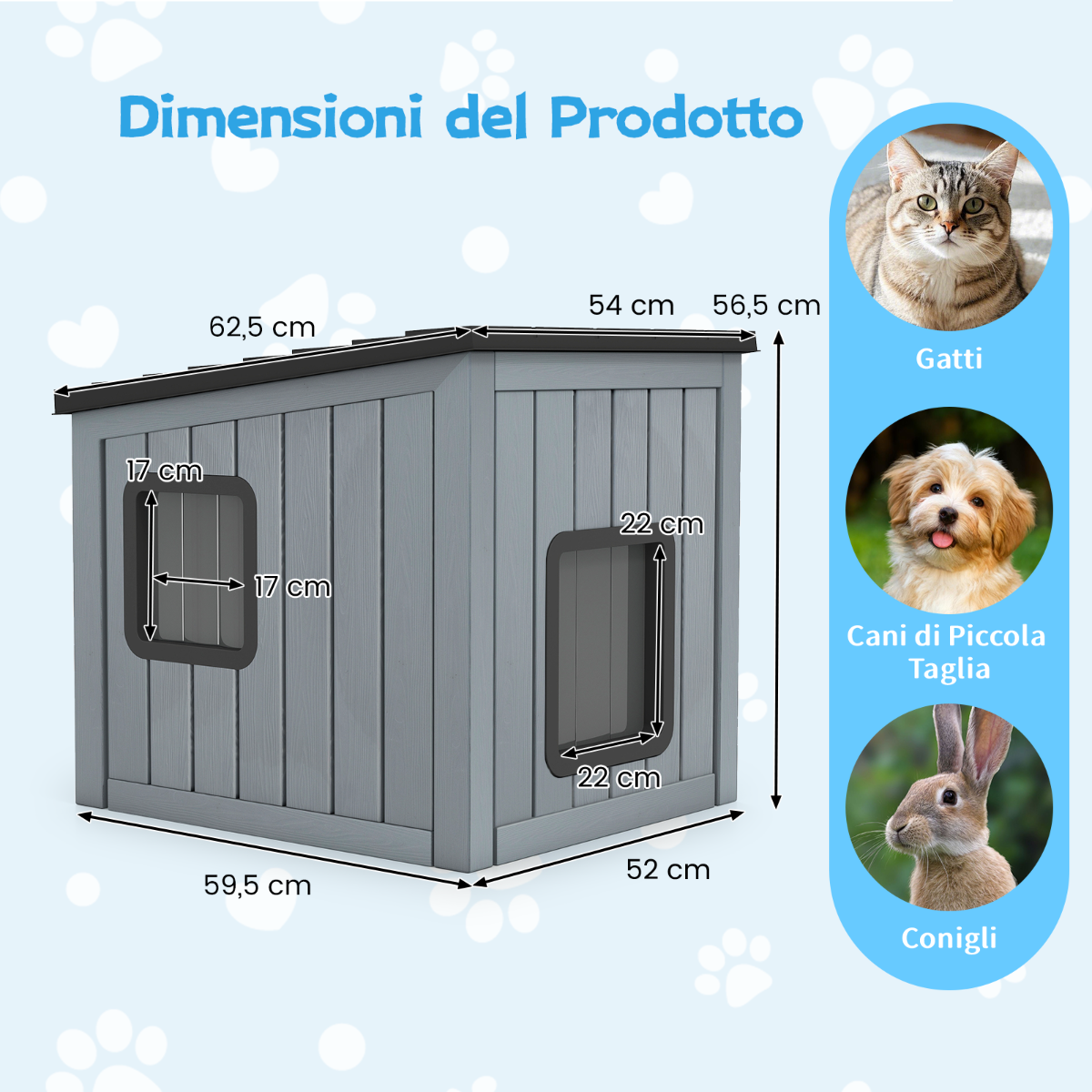 Cuccia rifugio isolato per interni ed esterni con 2 porte in pvc e tetto inclinato, Cuccia per animali domestici per gatti Grigio-Casette e lettini