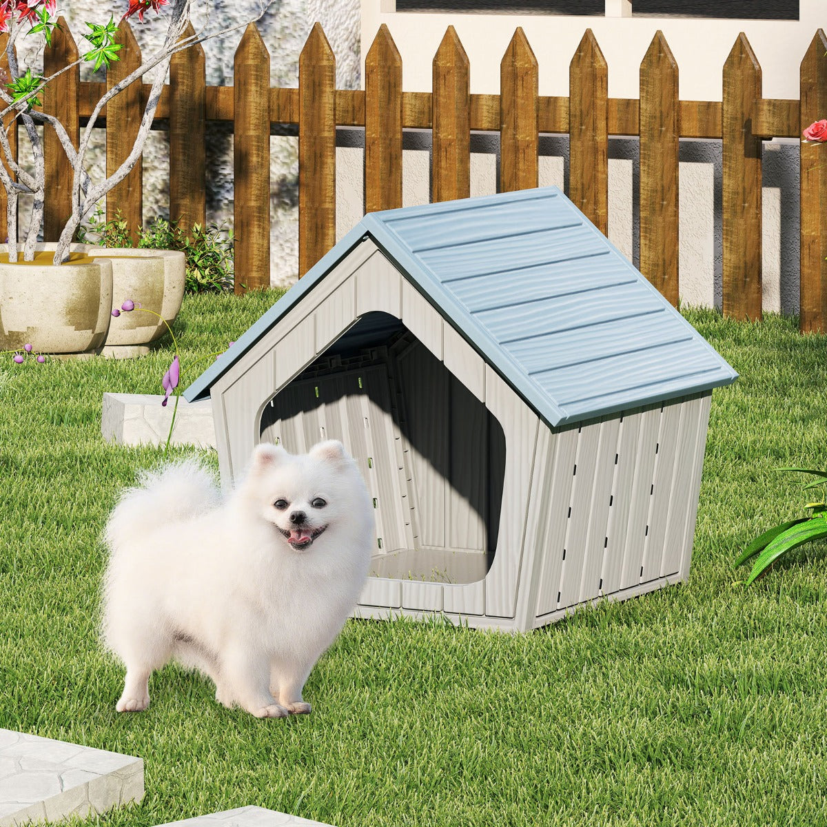 Cuccia condo per gatti da interno e esterno con bocchette d'aria e tetto inclinato-Cuccia casetta per gatti in plastica impermeabile Grigio