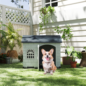 Rifugio per animali domestici da esterno e interno con porta bloccabile, Cuccia per cani in plastica impermeabile Grigio scuro-Casette e lettini