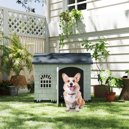Rifugio per animali domestici da esterno e interno con porta bloccabile, Cuccia per cani in plastica impermeabile Grigio scuro-Casette e lettini