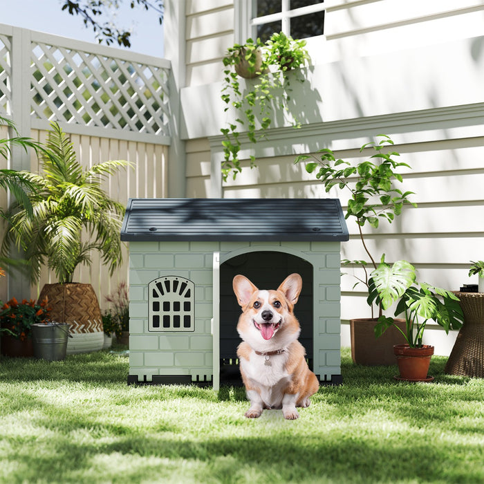 Rifugio per animali domestici da esterno e interno con porta bloccabile, Cuccia per cani in plastica impermeabile Grigio scuro-Casette e lettini