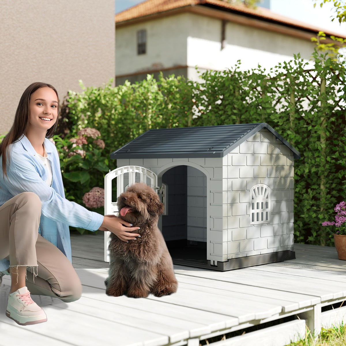 Rifugio per animali domestici da esterno e interno con porta bloccabile, Cuccia per cani in plastica impermeabile Grigio scuro-Casette e lettini