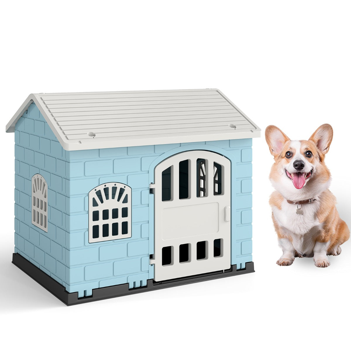 Rifugio per animali domestici da esterno e interno con porta bloccabile, Cuccia per cani in plastica impermeabile Blu chiaro-Casette e lettini