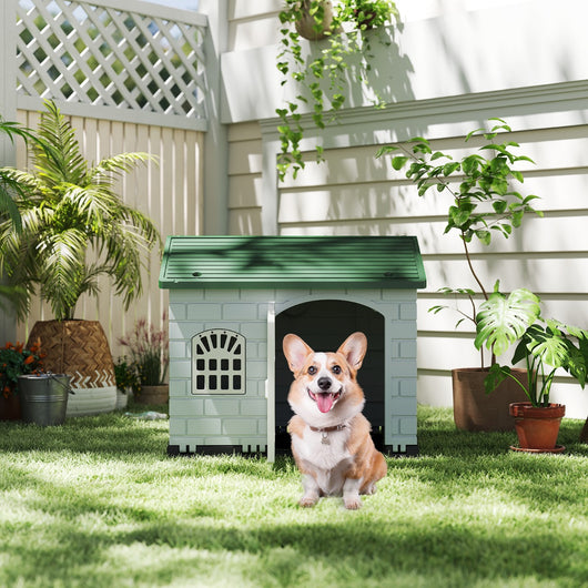 Rifugio per animali domestici da esterno e interno con porta bloccabile, Cuccia per cani in plastica impermeabile Verde scuro-Casette e lettini