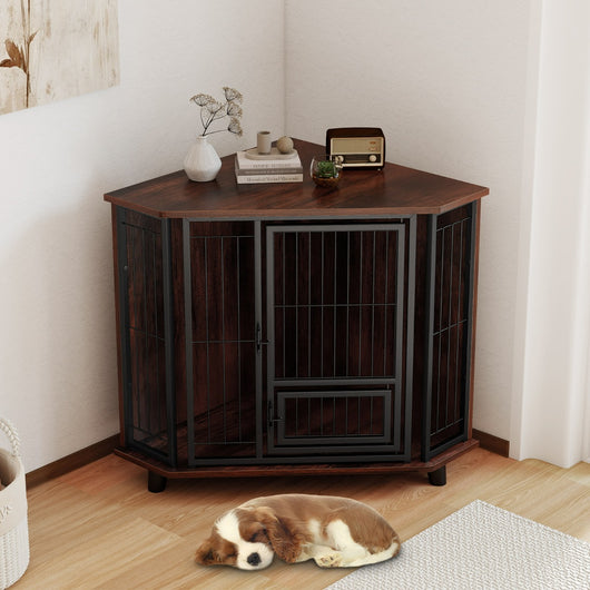 Cuccia per cani angolare con porta serrabile e ampio piano di lavoro, Gabbia salvaspazio con porta di alimentazione-Casette e lettini