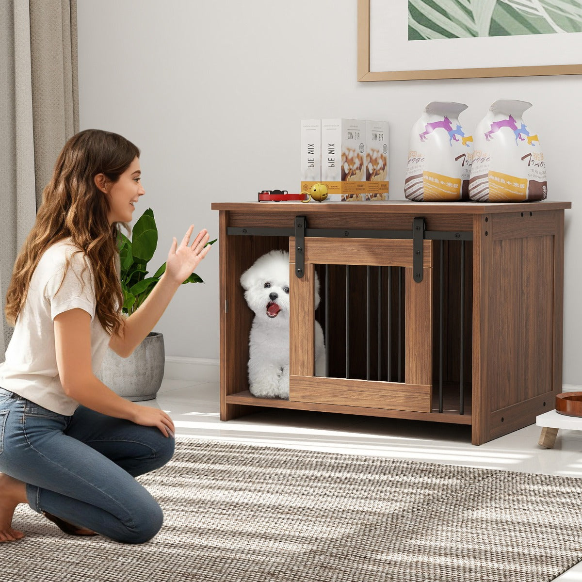 Cuccia per cani gabbia in legno con ampio piano superiore e porta scorrevole, Cuccia moderna di piccola Marrone-Casette e lettini