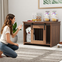 Cuccia per cani gabbia in legno con ampio piano superiore e porta scorrevole, Cuccia moderna di piccola Marrone-Casette e lettini
