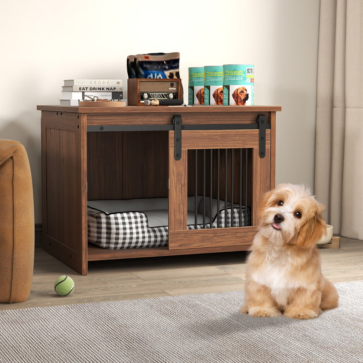 Cuccia per cani gabbia in legno con ampio piano superiore e porta scorrevole, Cuccia moderna di piccola Marrone-Casette e lettini