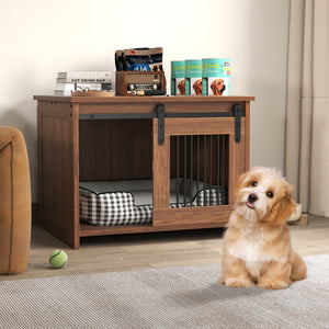 Cuccia per cani gabbia in legno con ampio piano superiore e porta scorrevole, Cuccia moderna di piccola Marrone-Casette e lettini