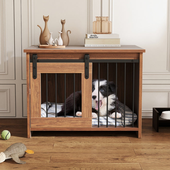 Cuccia per cani gabbia in legno con ampio piano superiore e porta scorrevole, Cuccia moderna di piccola Marrone-Casette e lettini