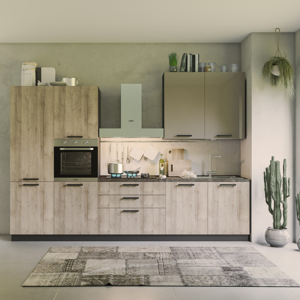 Cucina 330 cm rovere rustico e tortora lucido Durazzo Glam sinistra