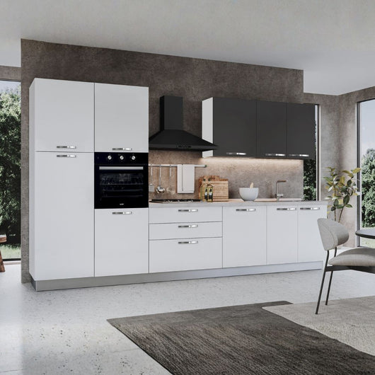 Cucina 360 cm con elettrodomestici Iris colore bianco lucido e pensili grafite