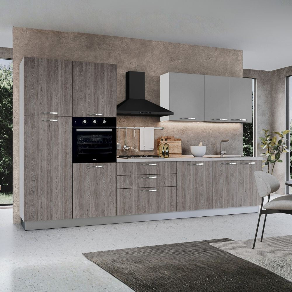Cucina 360 cm con elettrodomestici Iris colore forest grigio e pensili grigio chiaro