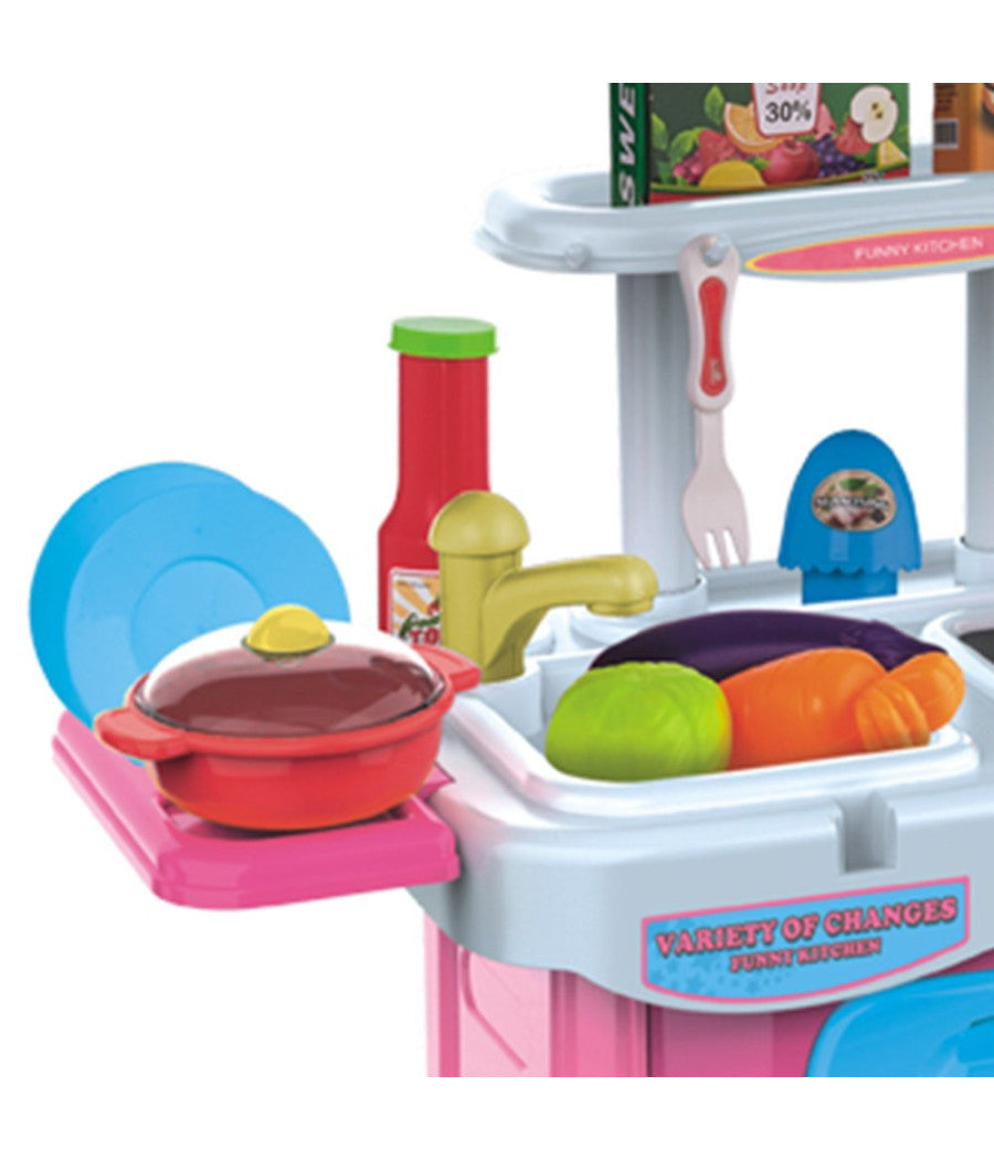 Cucina Giocattolo Bambini Fornello Luci Suoni Richiudibile In Trolley Accessori         