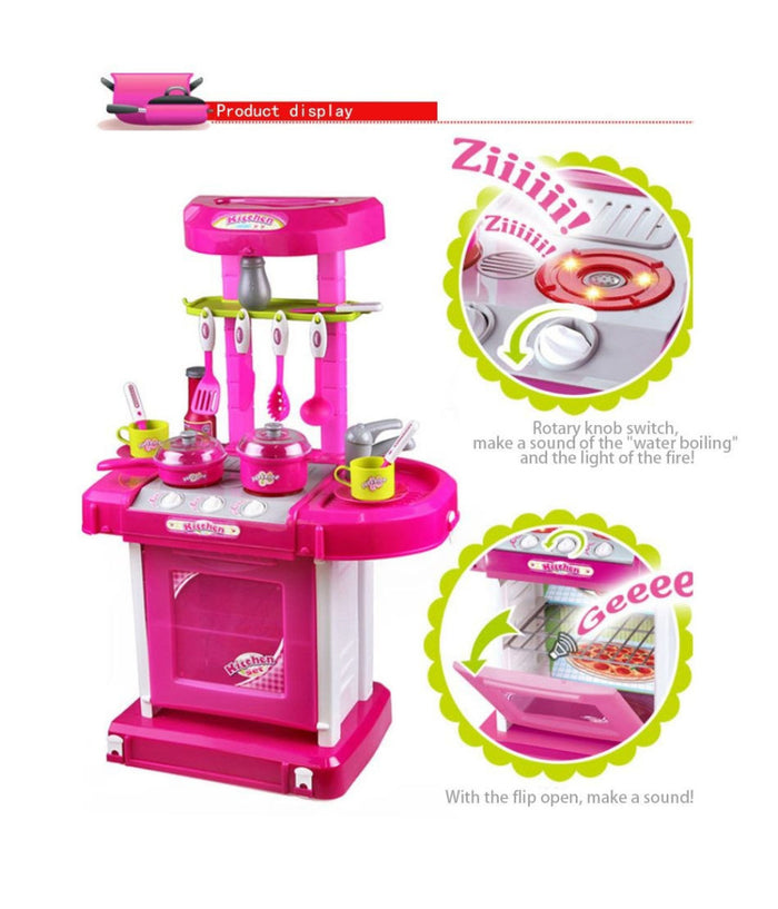 Cucina Giocattolo Bambini Richiudibile In Trolley Fornello Luci Suoni Accessori Azzurro         