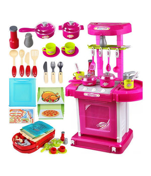 Cucina Giocattolo Bambini Richiudibile In Trolley Fornello Luci Suoni Accessori Azzurro         
