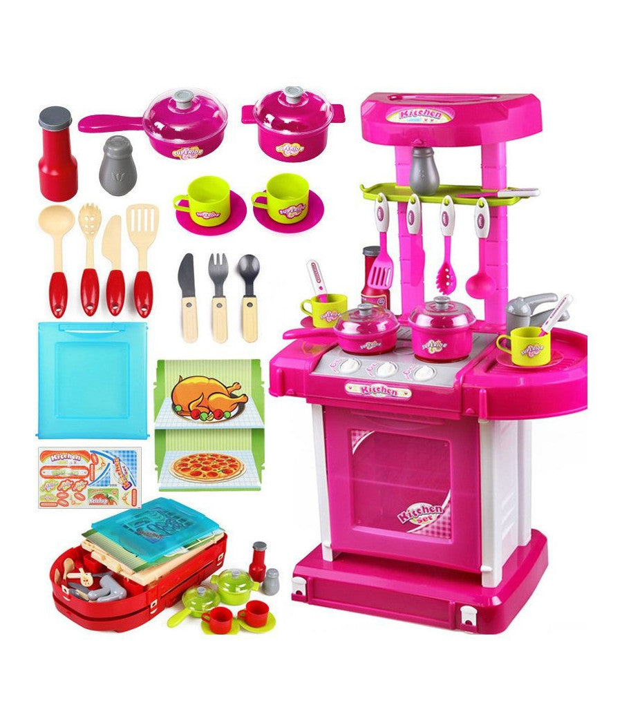 Cucina Giocattolo Bambini Richiudibile In Trolley Fornello Luci Suoni Accessori Azzurro         