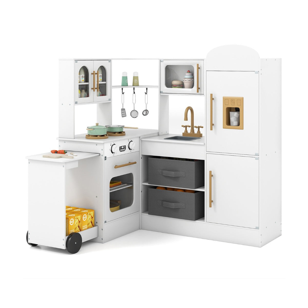 Cucina ad angolo con luci e suoni set da gioco interattivo in legno con lavabo-Cucina ad angolo set giocattolo per bambini 3+ anni Bianco