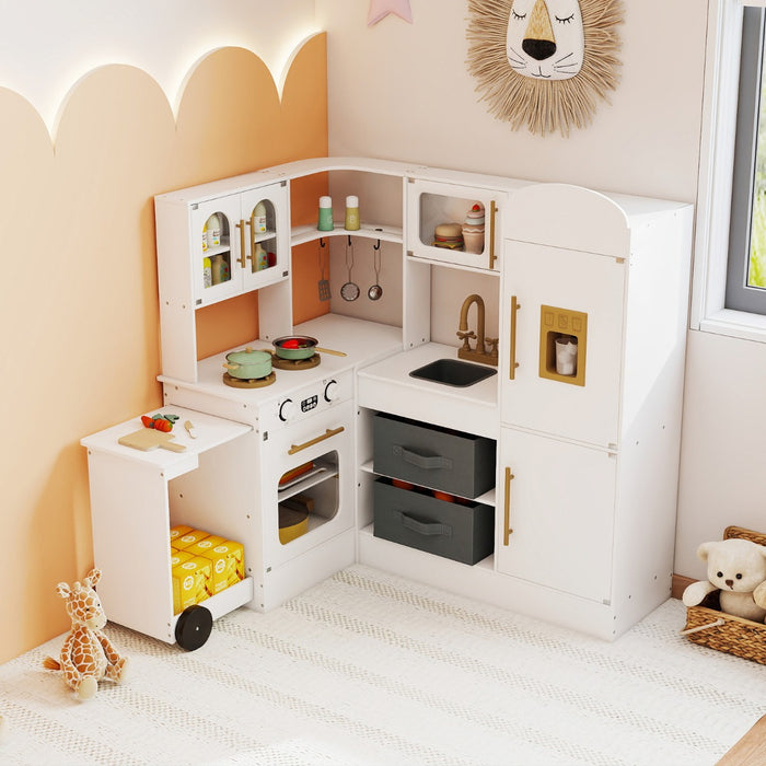 Cucina ad angolo con luci e suoni set da gioco interattivo in legno con lavabo-Cucina ad angolo set giocattolo per bambini 3+ anni Bianco