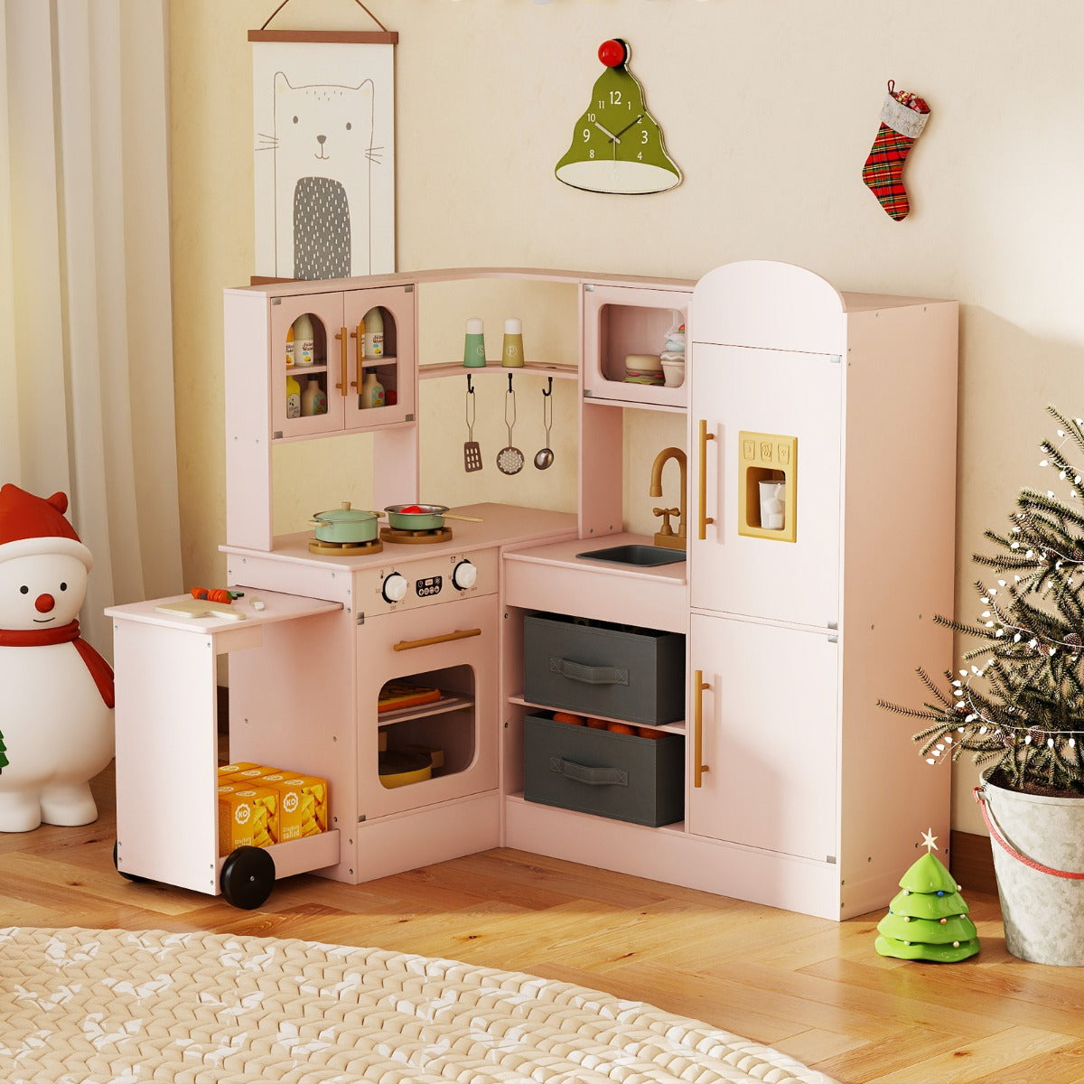 Cucina ad angolo con luci e suoni set da gioco interattivo in legno con lavabo-Cucina ad angolo set giocattolo per bambini 3+ anni Rosa