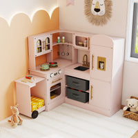 Cucina ad angolo con luci e suoni set da gioco interattivo in legno con lavabo-Cucina ad angolo set giocattolo per bambini 3+ anni Rosa