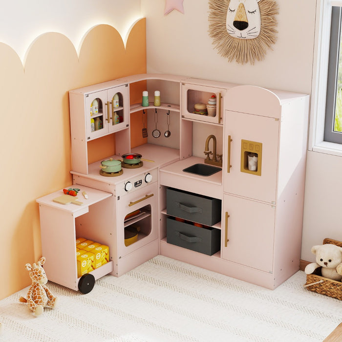 Cucina ad angolo con luci e suoni set da gioco interattivo in legno con lavabo-Cucina ad angolo set giocattolo per bambini 3+ anni Rosa