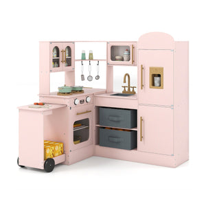 Cucina ad angolo con luci e suoni set da gioco interattivo in legno con lavabo-Cucina ad angolo set giocattolo per bambini 3+ anni Rosa