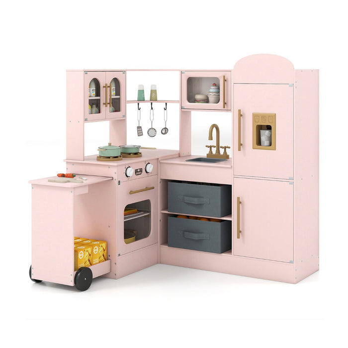 Cucina ad angolo con luci e suoni set da gioco interattivo in legno con lavabo-Cucina ad angolo set giocattolo per bambini 3+ anni Rosa