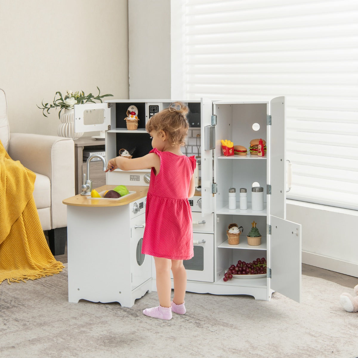 Cucina ad angolo per bambini con lavelli fornelli cappa telefono frigorifero, Cucina gioco educativo Bianco-Cucine giocattoli