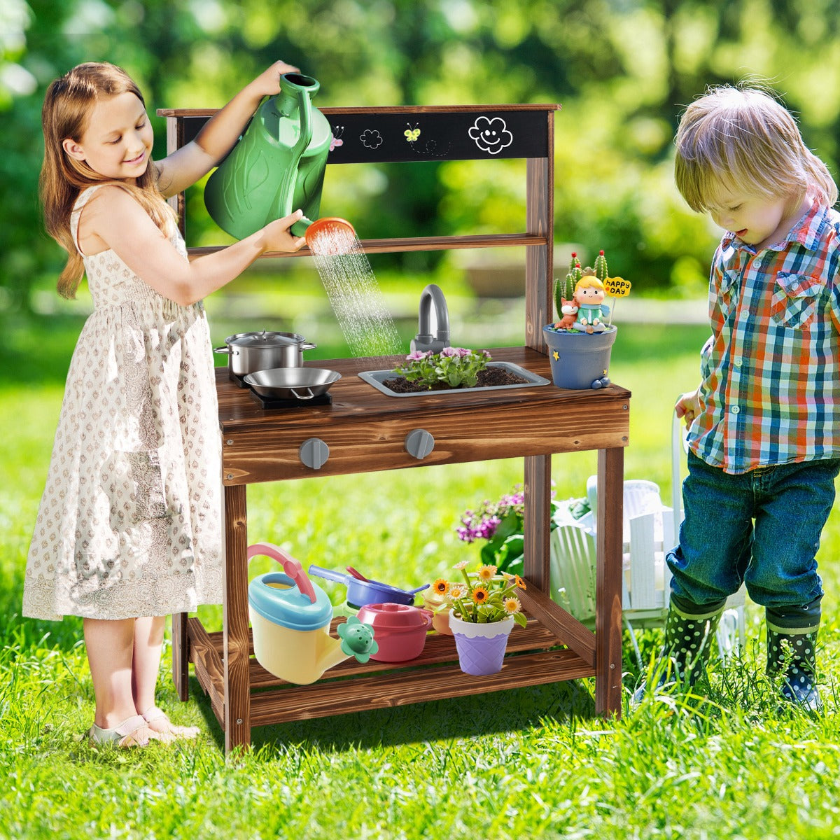 Cucina all'aperto in legno di cedro per bambini, Cucina in legno di cedro con rubinetto girevole e lavandino rimovibile Naturale-Cucine giocattoli