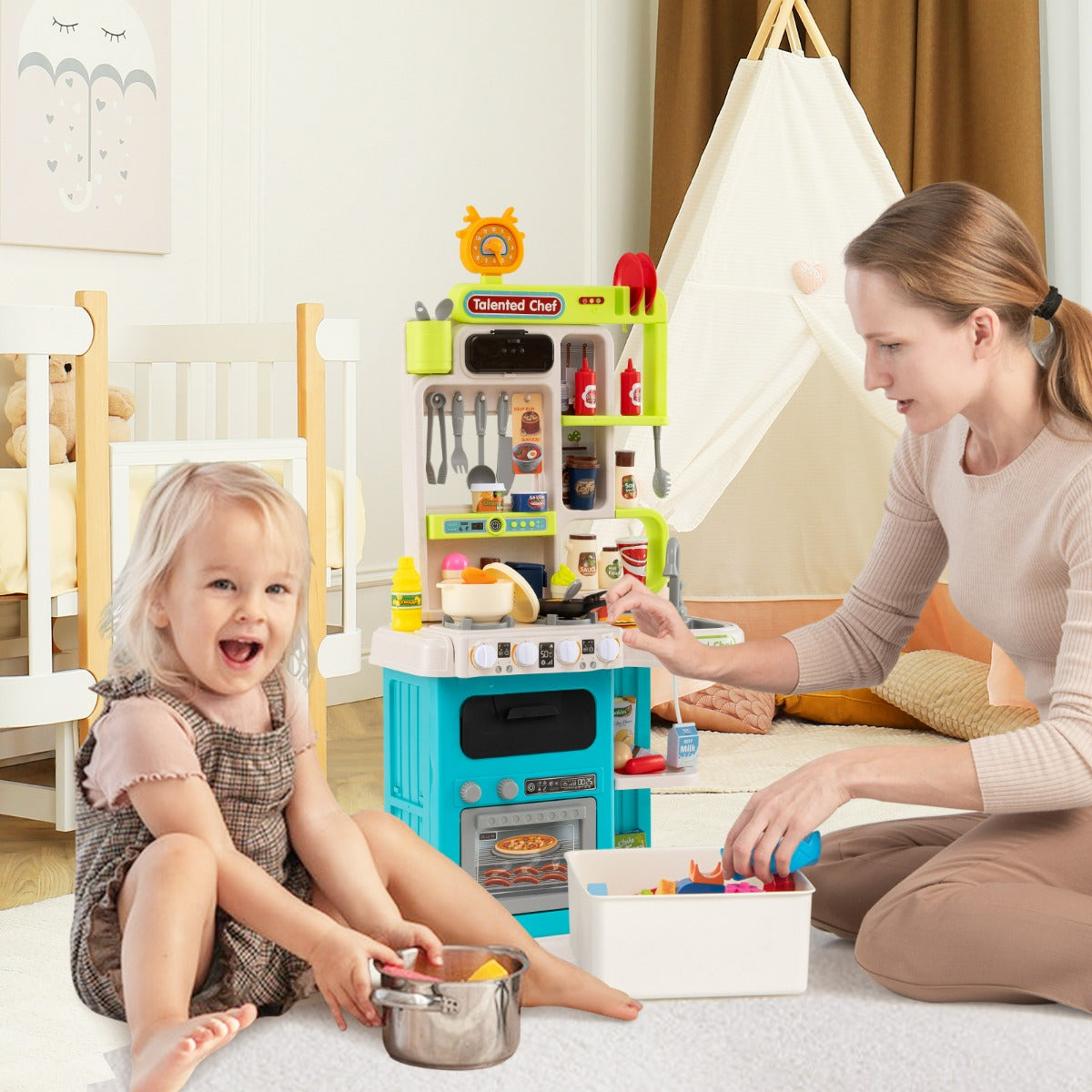 Cucina per gioco di finzione con suoni e luci realistici e 54 accessori, Set cucina giocattolo per bambini 3+ anni Blu-Cucine giocattoli