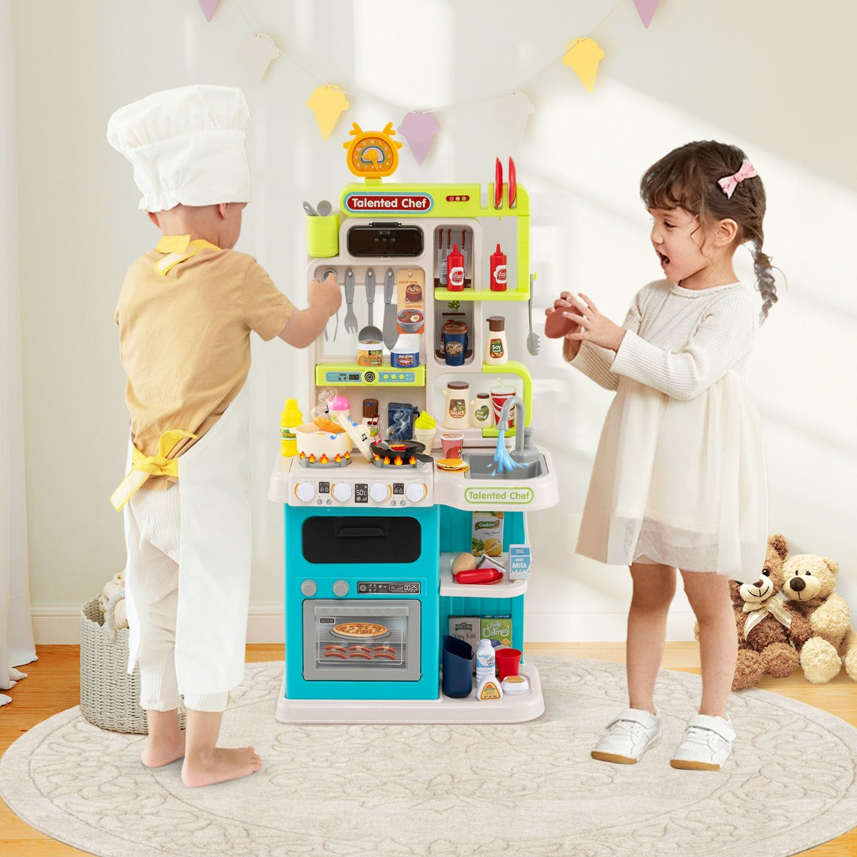 Cucina per gioco di finzione con suoni e luci realistici e 54 accessori, Set cucina giocattolo per bambini 3+ anni Blu-Cucine giocattoli