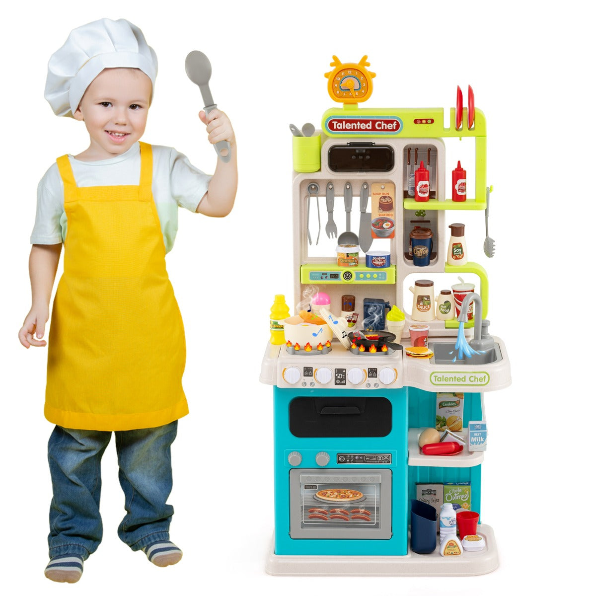Cucina per gioco di finzione con suoni e luci realistici e 54 accessori, Set cucina giocattolo per bambini 3+ anni Blu-Cucine giocattoli