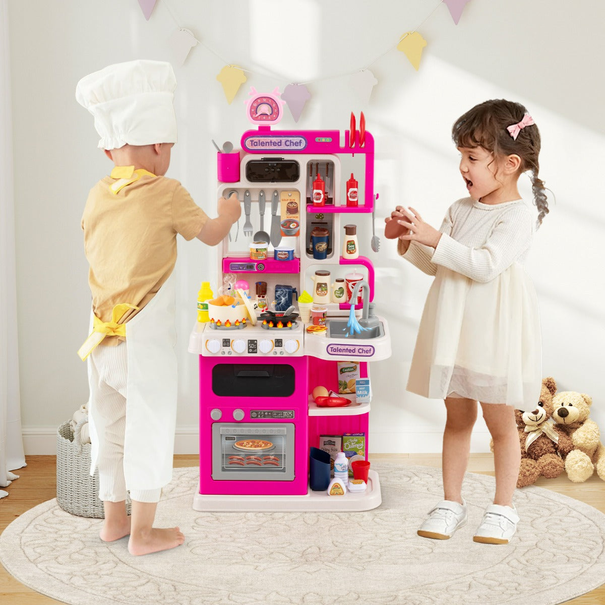 Cucina per gioco di finzione con suoni e luci realistici e 54 accessori, Set cucina giocattolo per bambini 3+ anni Rosa-Cucine giocattoli
