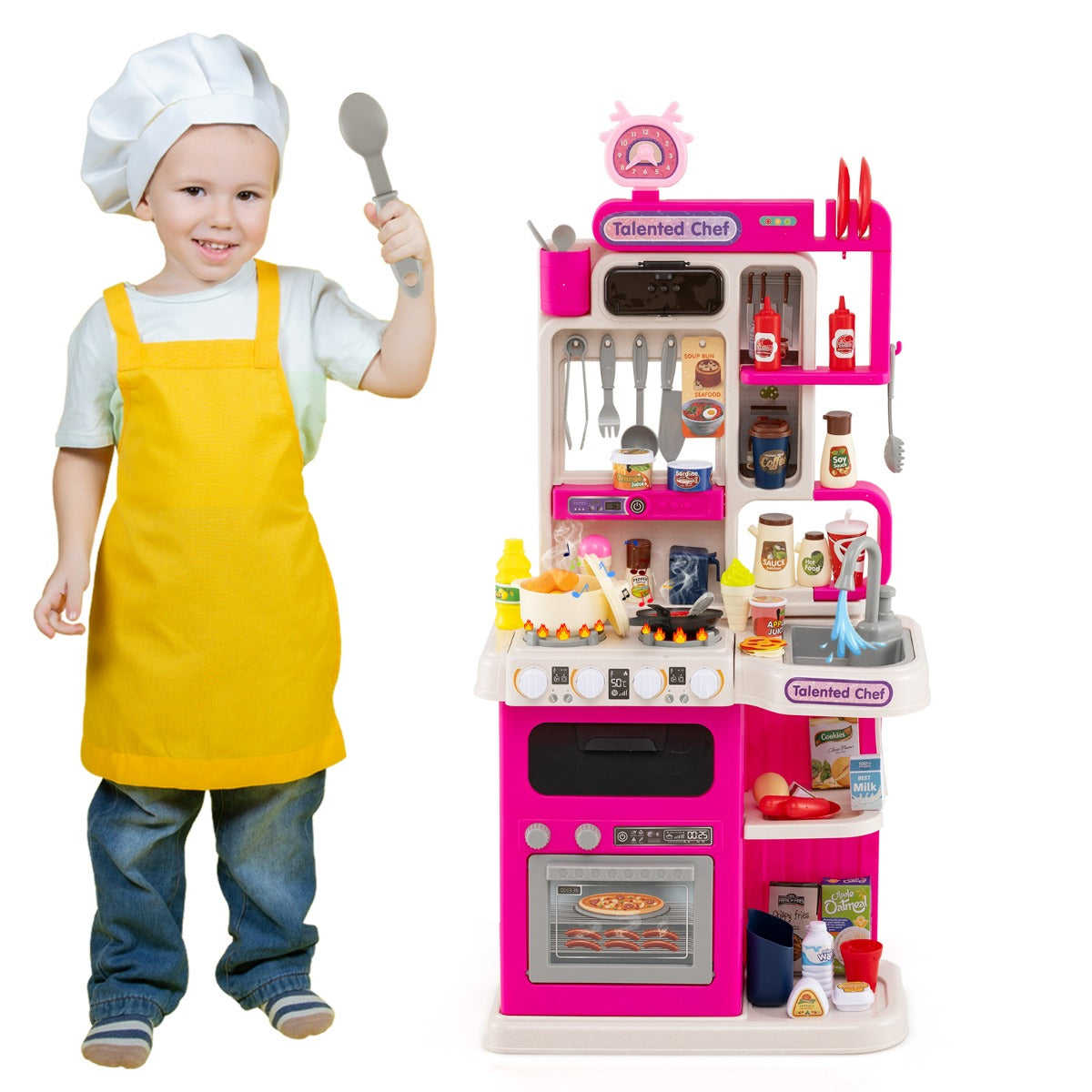 Cucina per gioco di finzione con suoni e luci realistici e 54 accessori, Set cucina giocattolo per bambini 3+ anni Rosa-Cucine giocattoli