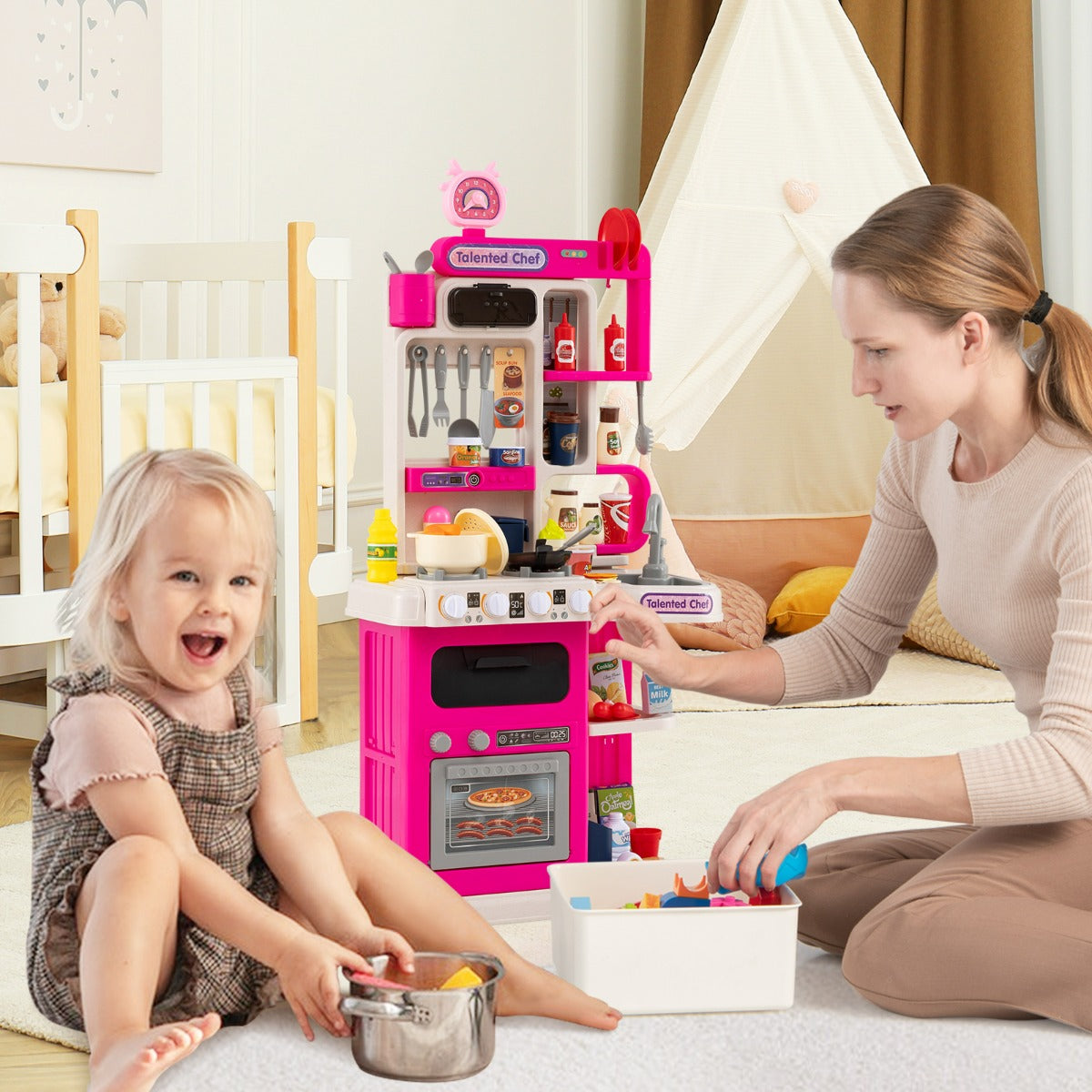 Cucina per gioco di finzione con suoni e luci realistici e 54 accessori, Set cucina giocattolo per bambini 3+ anni Rosa-Cucine giocattoli