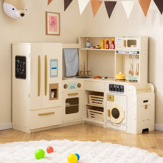 Cucina angolare giocattolo da gioco ad angolo con luci e suoni, Cucina angolare giocattolo set frigorifero a doppia porta Beige-Cucine giocattoli