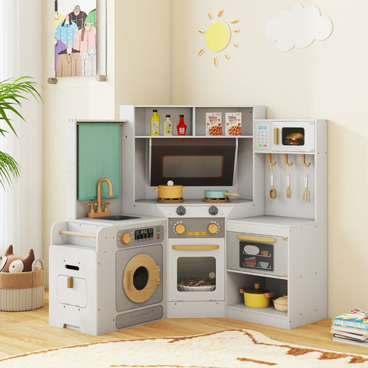 Cucina ad angolo con luci e suoni set di gioco in legno pattumiera estraibile, Cucina angolo lavatrice e accessori ricchi Grigio-Cucine giocattoli